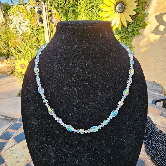 Vintage 1950s AB Aurora Borealis Iridescent Beaded Crystal Necklace - Picture 1 of 5